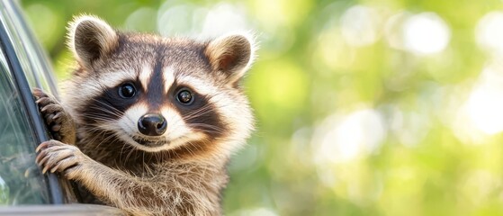 Fototapeta premium A raccoon peeking out the window of a car