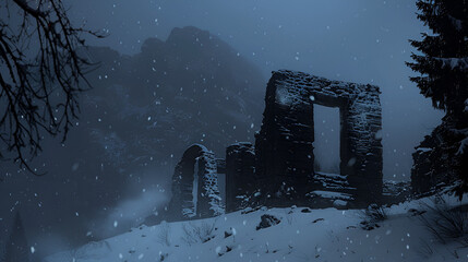 Snow covered ancient ruins silhouetted against a deep winter sky  
