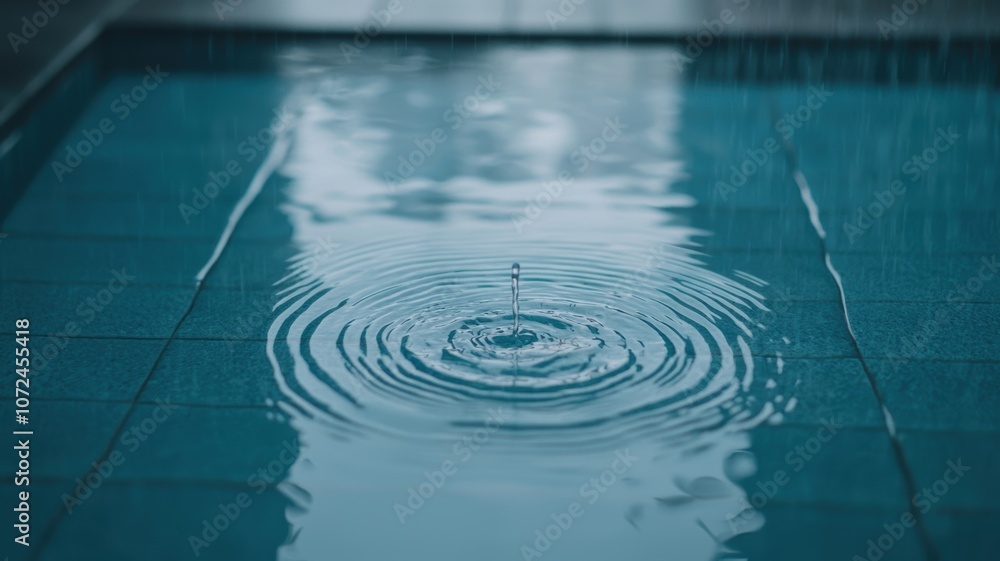 Poster tranquil reflection on water surface with gentle ripples created by raindrops falling into basin cap