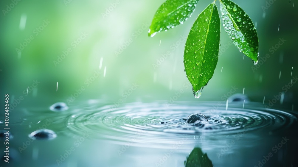 Poster tranquil reflections in a shallow basin surrounded by trees under rainy conditions with gentle raind