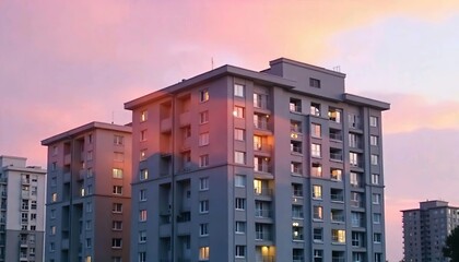 The tall apartment buildings with warm lighting at sunset are against a colorful sky