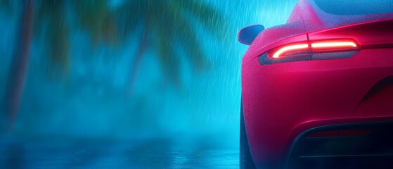 A red car is parked in the rain