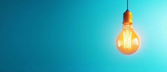 A light bulb hanging from a string on a blue background