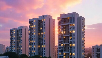 Obraz premium At sunset, a tall apartment building is illuminated with a warm light, matched by the colors of the sunset sky.
