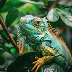 Fototapeta premium A vibrant iguana resting on lush green leaves in a tropical environment.
