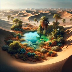 A serene oasis in the middle of a vast desert landscape.