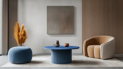 Stylish modern living room with unique furniture and decorative elements.