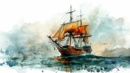 Obraz premium A vibrant watercolor painting of a sailing ship navigating through the ocean waves.