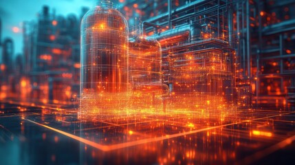 Abstract industrial scene with glowing structures and pipes.