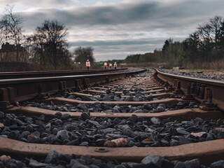 A ground-level shot of railway ties and gravel, while distant figures in reflective gear appear out of focus.