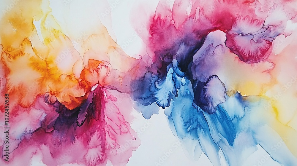Poster vibrant abstract watercolor splash art with swirling colors and dynamic movement creating a colorful