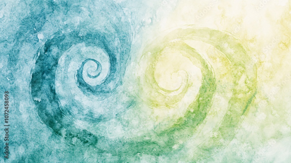 Poster abstract watercolor swirl design featuring a blend of cool blue and warm yellow-green tones, creatin