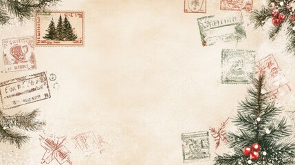 Vintage-Style Christmas Background with Snow-Covered Trees, Postage Stamps, and Festive Holiday Illustrations on Beige Background
