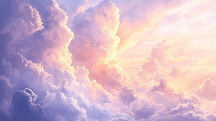 Serene Skyscape of Soft Pastel Clouds at Sunset with Gentle Hues of Pink, Lavender, and Gold Illuminating a Dreamlike Sky Scene