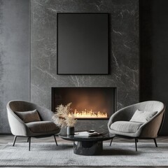 Modern Loft Living Room with Fireplace, Armchair, and Coffee Table. Grey Interior Design Concept