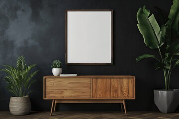 Elegant Living Room Interior with Black Poster Frame on Wooden Cabinet