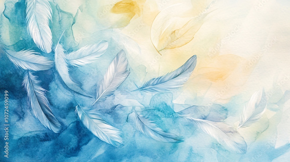 Poster soft blue and gold watercolor background with floating feathers for use in elegant design presentati