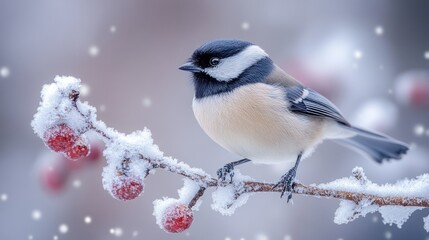 Obraz premium A bird perched on a frosty branch with red berries in winter.