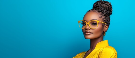 A woman wearing a yellow shirt and yellow glasses