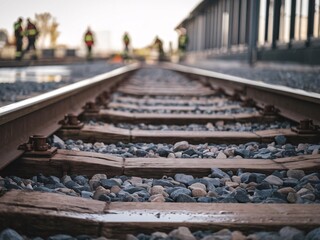 A ground-level shot of railway ties and gravel, while distant figures in reflective gear appear out of focus.