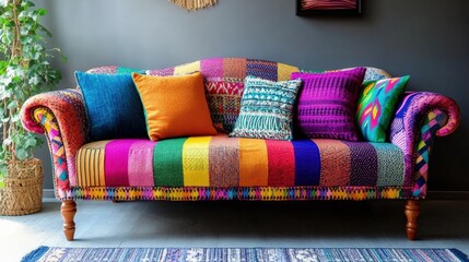 Vibrant and colorful couch adorned with stylish cushions in modern living room decor.