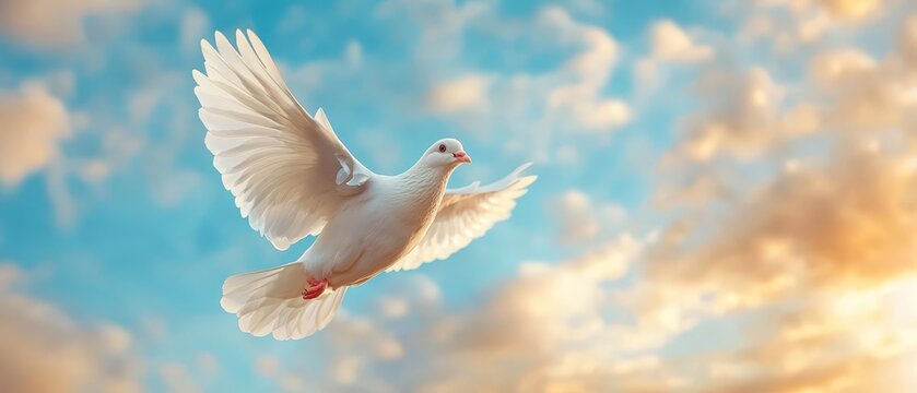 A white dove flying through a blue sky with clouds