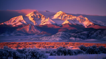 Naklejka premium Snow covered mountain peaks reflecting the golden glow of the winter sun at dawn 