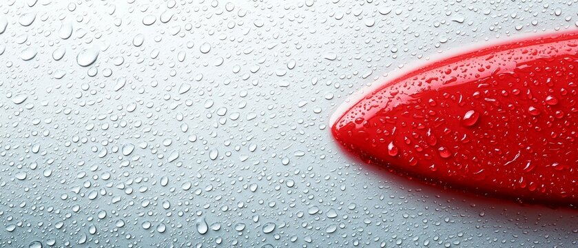 A close up of a red button on a car with water droplets
