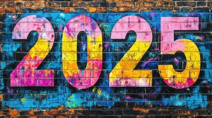 Huge numbers "2025", written in a colorful graffiti style, are spray-painted on an urban brick wall. Abstract street art surrounds them.
