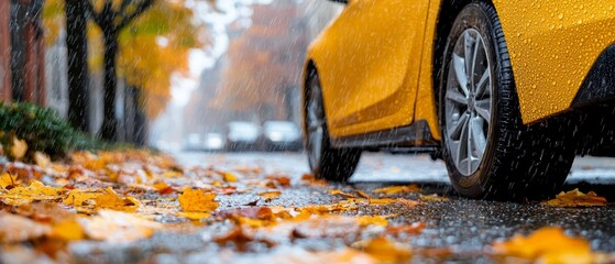A yellow car driving down a wet street in the rain