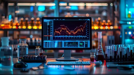 A vibrant laboratory setup with a computer screen displaying colorful data visualizations, surrounded by scientific glassware and equipment. Perfect for themes of research, innovation, and technology.