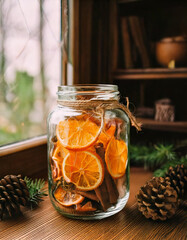 large glass jar filled with  orange slices, pinecones, a couple of sprigs of pine, and a couple of cinnamon sticks