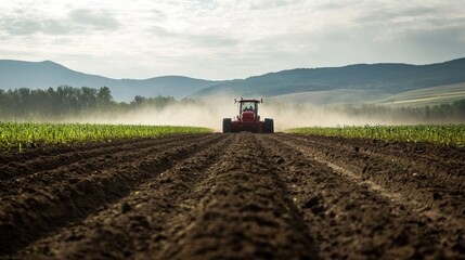 Fototapeta premium Red Tractor Plowing a Field on a Sunny Day