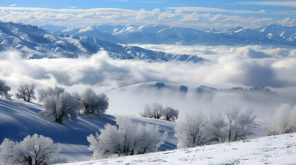 Snow covered rolling hills with distant mountains peeking through the clouds  