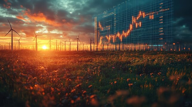 Stock market graph with wind turbines in the background, Conceptual image depicting the rise in energy prices