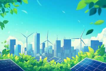 Eco-Friendly Urban Cityscape with Solar Panels, Wind Turbines, and Green Landscape Showcasing Renewable Energy and Sustainable Development