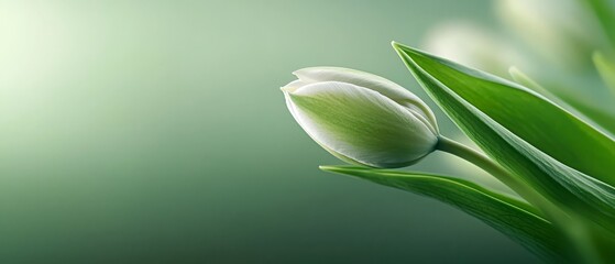 Obraz premium A single white tulip with green leaves on a green background