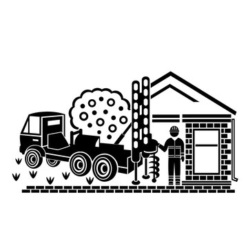 Vector illustration, logo, icon of a car and a drilling rig. The construction industry. Isolated on a white background.	