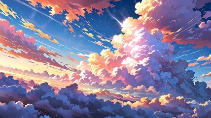 Vibrant sunset clouds illuminate the sky over a serene horizon, showcasing a mesmerizing blend of colors in the evening light. Generative AI