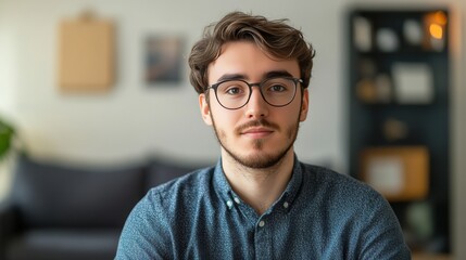 Fototapeta premium Young Man with Glasses Posing in a Modern Living Room Setting