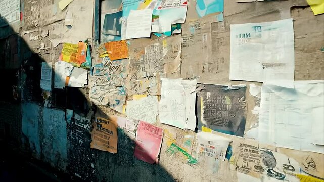 Layers of torn and faded advertising posters, vibrant street art in a bustling neighborhood.