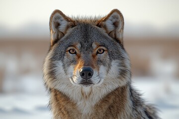 Obraz premium Majestic wolf portrait in winter landscape with soft focus background