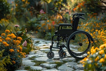 A wheelchair placed on a cobblestone path surrounded by vibrant blooming flowers in a serene garden, symbolizing accessibility, tranquility, and inclusion.