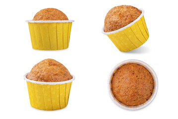 Carrot cake in a yellow paper cup on a white isolted background