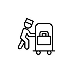 Bellboy with luggage cart icon black and white vector outline sign