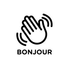 Bonjour text with hand wave icon black and white vector outline sign © Topline
