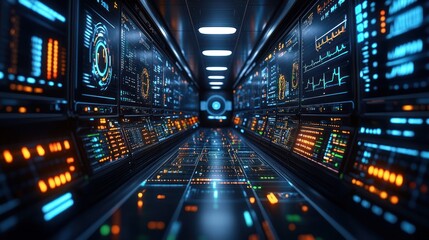 Futuristic corridor with glowing screens and data displays.