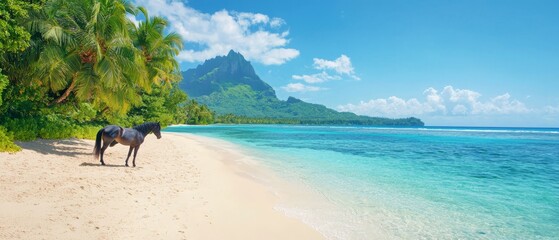 A horse standing on a sandy beach next to the ocean