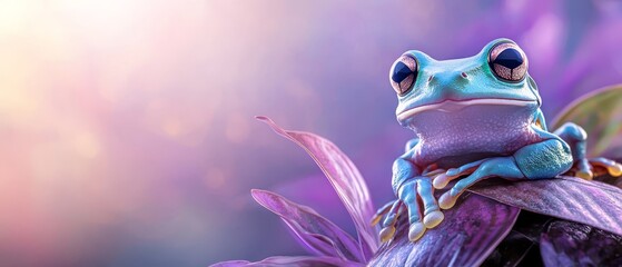 A blue frog sitting on top of a purple flower
