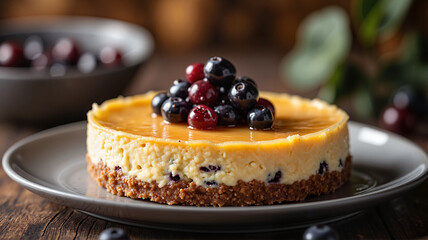 Cheesecake with fresh berries on rustic wooden table